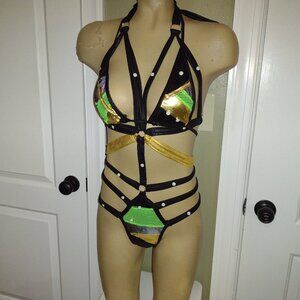 sexy studded harness exotic dancer 2 piece stripper costume